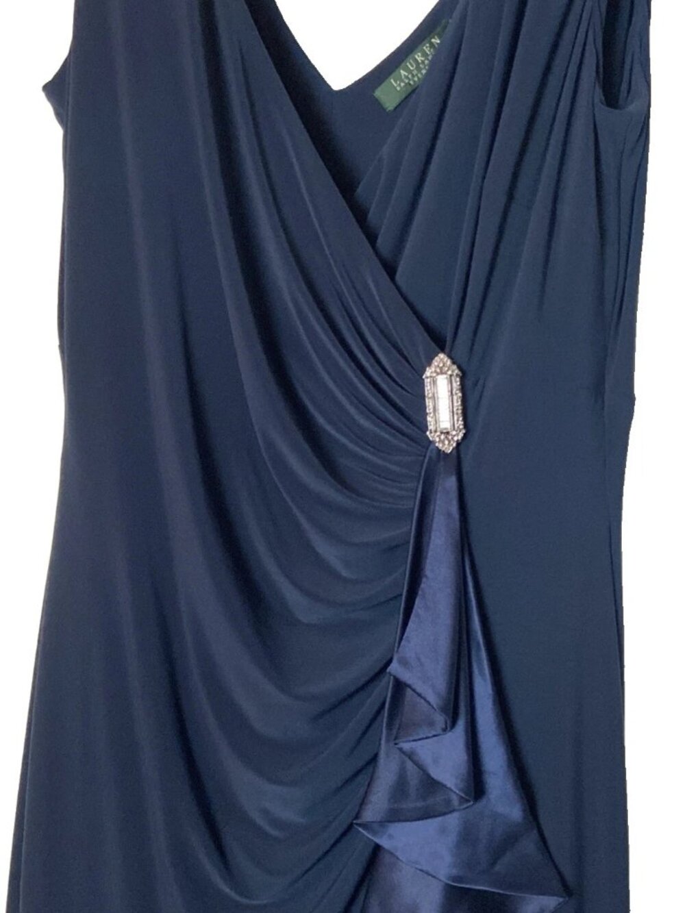 Lauren Ralph Lauren Navy Formal Ruffle Jersey Embellished Womens Evening Gown 14